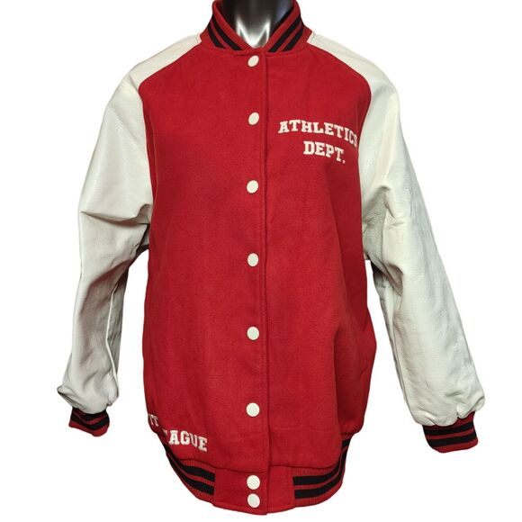 Wild Fable Women's Red Faux Leather Button Down Varsity Jacket Small - Picture 2 of 6